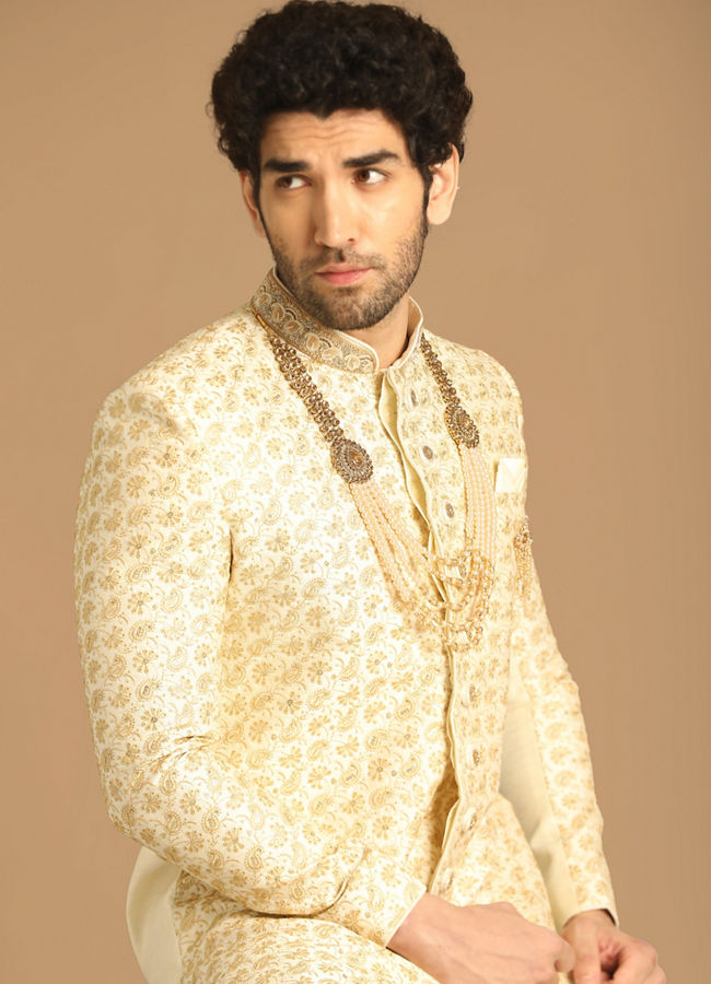 alt message - Manyavar Men Sea Shell White Sherwani image number 0